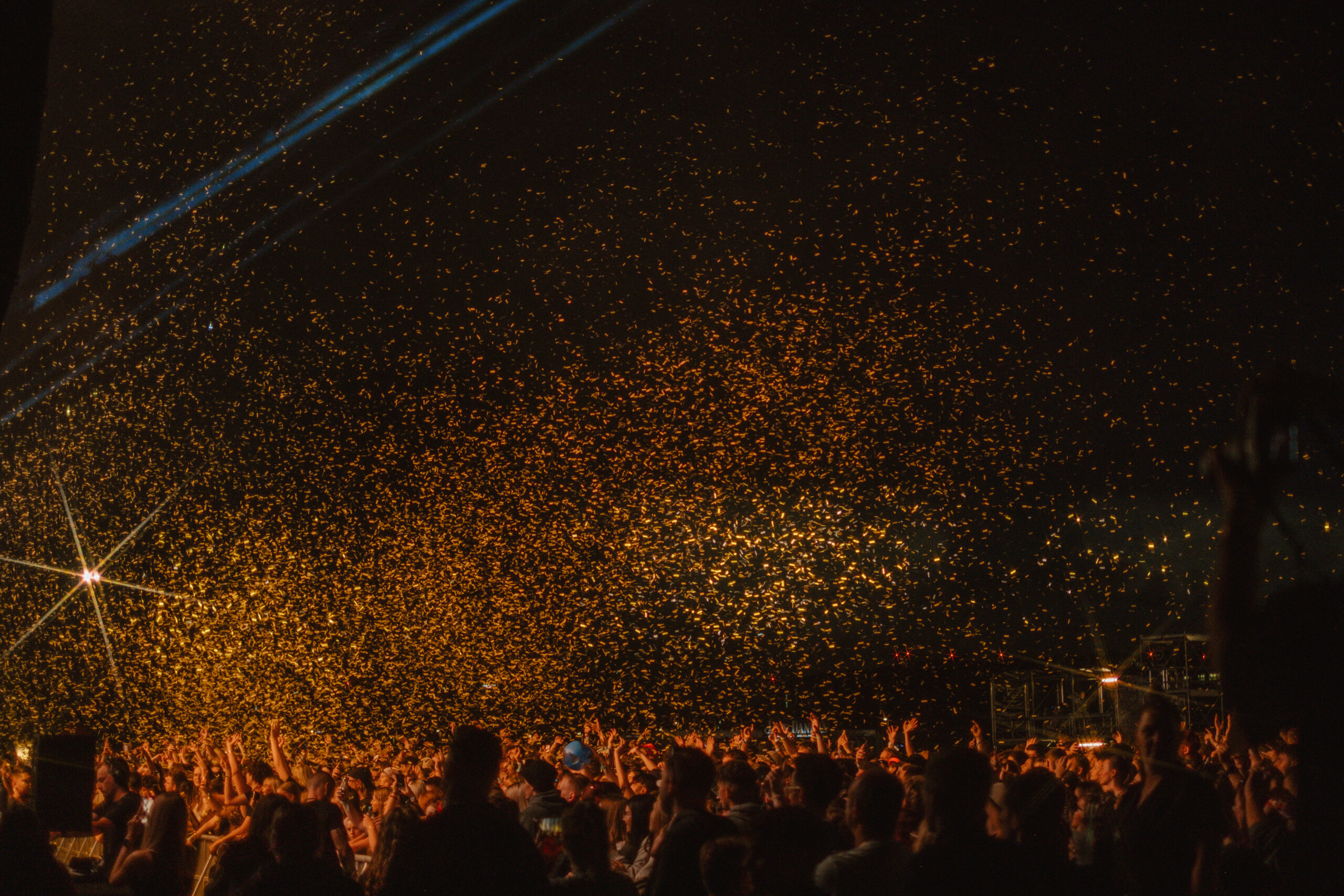Konzertpublikum beim Heroes Festival Freiburg 2025, eingefangen von Fotografin Pia Oechsner – goldene Konfettipartikel in der Luft bei Nacht.